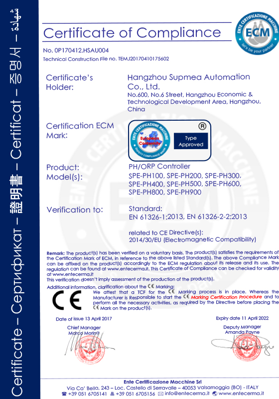 CE para controlador de pH/ORP