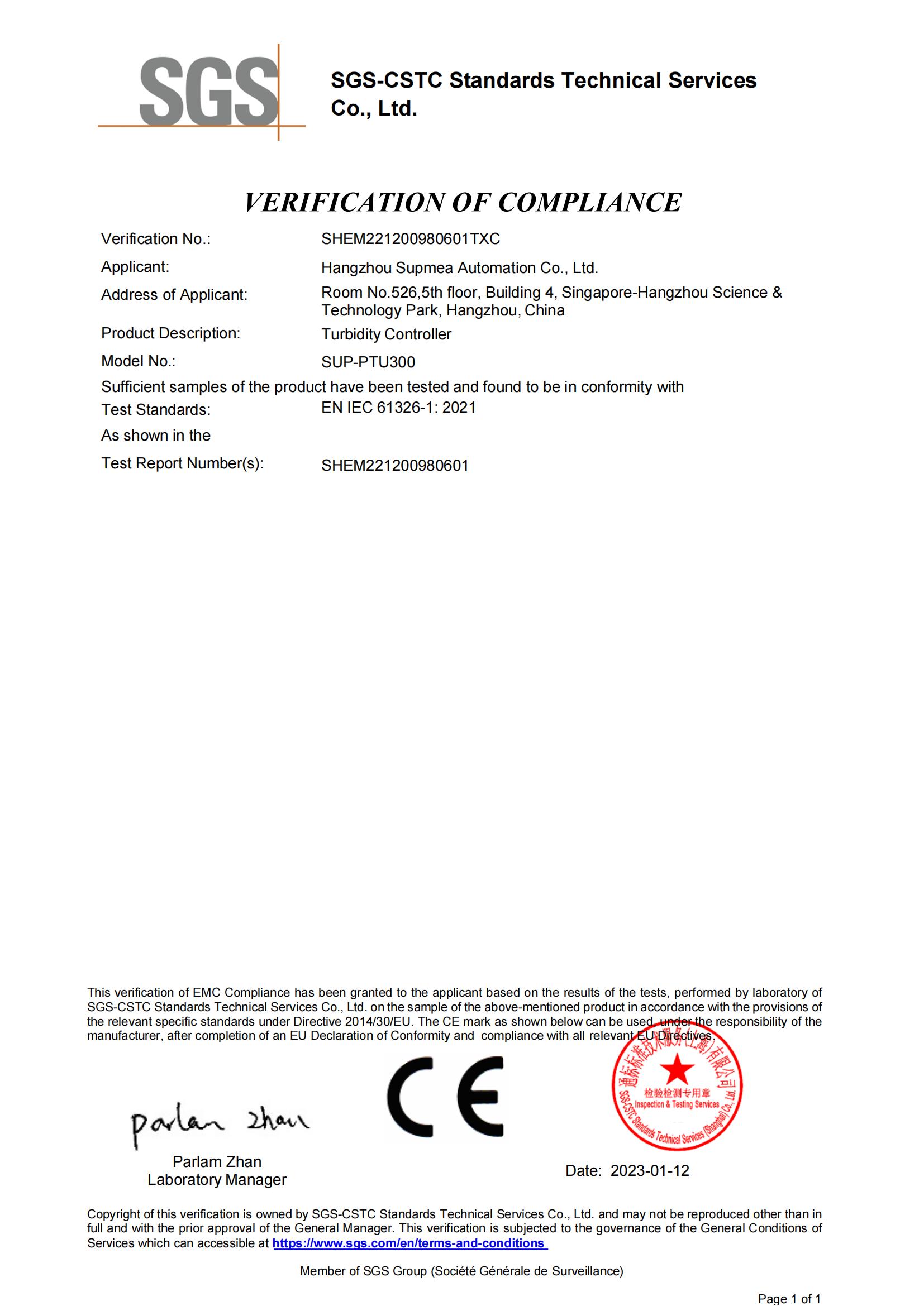 Certificat CE (SGS) - turbidimètre