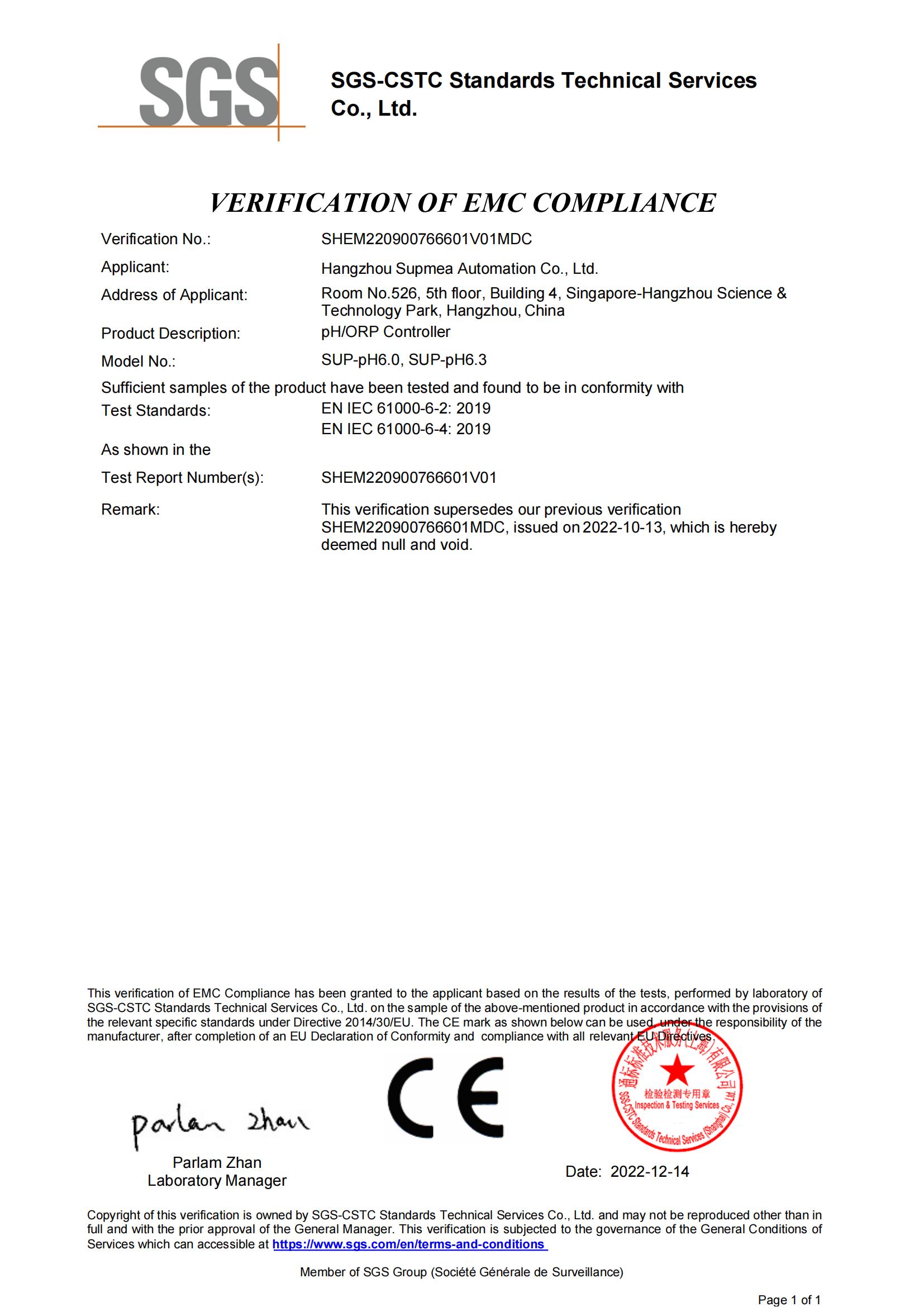Certificat CE (SGS) - Contrôleur pH/ORP
